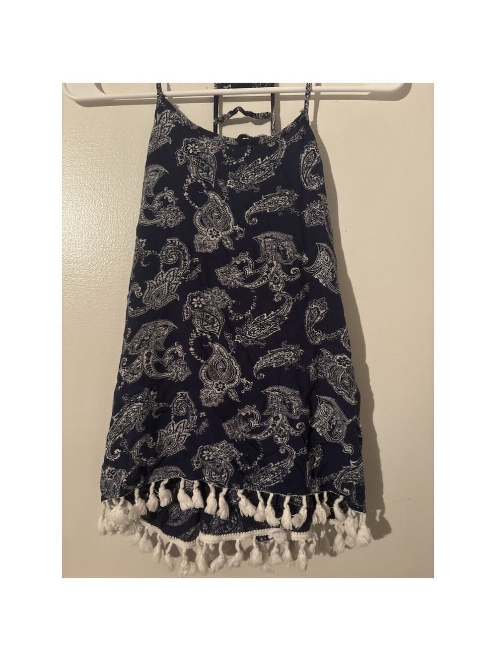 Red Camel Paisley Halter Top Navy Blue White Boho Tassel Fringe Hem Backless